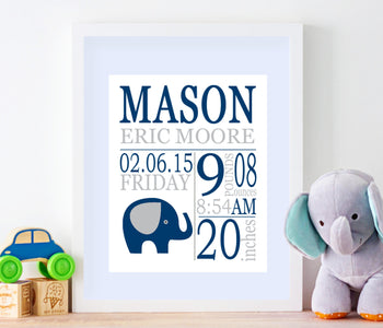 Elephant Birth Print,Blue Navy Gray Elephant Birth Print,Elephant Birth Announcement,Elephant Nursery Decor- PRINT OR CANVAS-Sweet Blooms Decor
