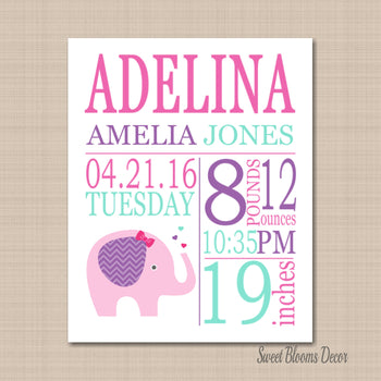 Elephant Birth Print,Elephant Birth Announcement,Elephant Baby ,Pink Purple Teal Elephant Nursery Decor- PRINT OR CANVAS-Sweet Blooms Decor