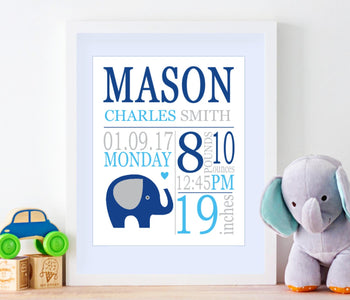 Elephant Birth Print,Elephant Nursery Decor,Blue Navy Gray Elephant Birth Print,Elephant Birth Announcement- PRINT OR CANVAS-Sweet Blooms Decor