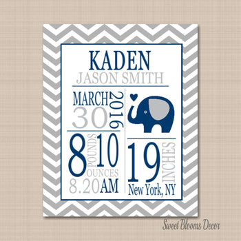 Elephant Birth Print,Navy Blue Gray Elephant Birth Print,Elephant Birth Announcement,Chevron Elephant Nursery PRINT OR CANVAS-Sweet Blooms Decor