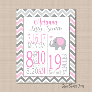 Elephant Birth Print,Pink Gray Elephant Birth Print,Elephant Birth Announcement,Pink Gray Elephant Nursery - PRINT OR CANVAS-Sweet Blooms Decor