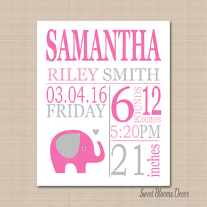 Elephant Birth Print,Pink Gray Elephant Birth Print,Elephant Birth Announcement,Pink Gray Elephant Nursery - PRINT OR CANVAS-Sweet Blooms Decor