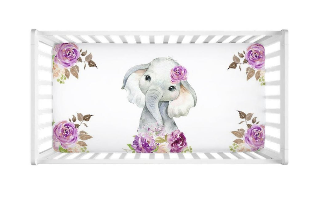 Elephant Baby Girl Crib Sheet Watercolor Purple Lavender Lilac Flowers 