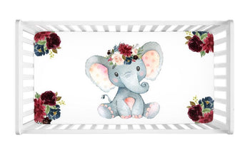 Elephant Floral Baby Girl Crib Sheet Pink Burgundy Navy Red C109-Sweet Blooms Decor