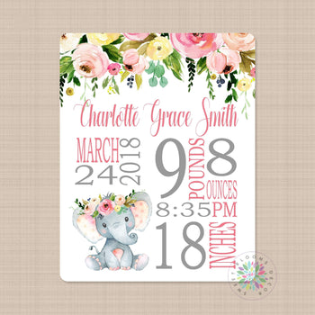 Elephant Floral Baby Girl Name Blanket Birth Announcenent Flowers Baby Girl Pink Gray Girl Baby Shower Gift  Nursery Bedding Decor B569