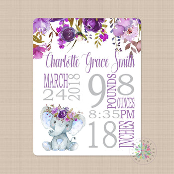 Elephant Floral Baby Girl Name Blanket Birth Announcenent Flowers Baby Girl Purple Gray Girl Baby Shower Gift  Nursery Bedding Decor B574