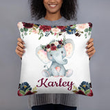 Elephant Floral Girl Name Throw Pillow Blush Pink Burgundy Red Navy Blue Maroon Watercolor Flowers Nursery Bedding Decor 206 