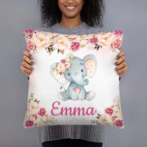 Elephant Floral Girl Throw Pillow Nursery Coral Blush Pink Peach Magenta Bedroom Room Decor Girl Name Watercolor Flowers Room Monogram P198-Sweet Blooms Decor