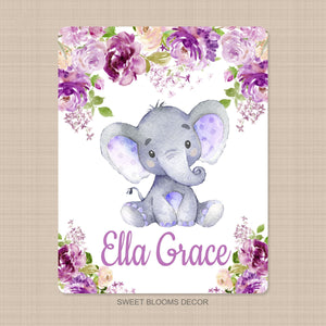 Elephant Floral Name Blanket Purple Lavender Lilac Flowers Personalized Monogram Girl Baby Shower Gift Crib Bedding Nursery Decor B1156