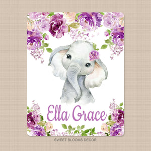 Elephant Floral Name Blanket Purple Lavender Lilac Flowers Personalized Monogram Girl Baby Shower Gift Crib Bedding Nursery Decor B1157