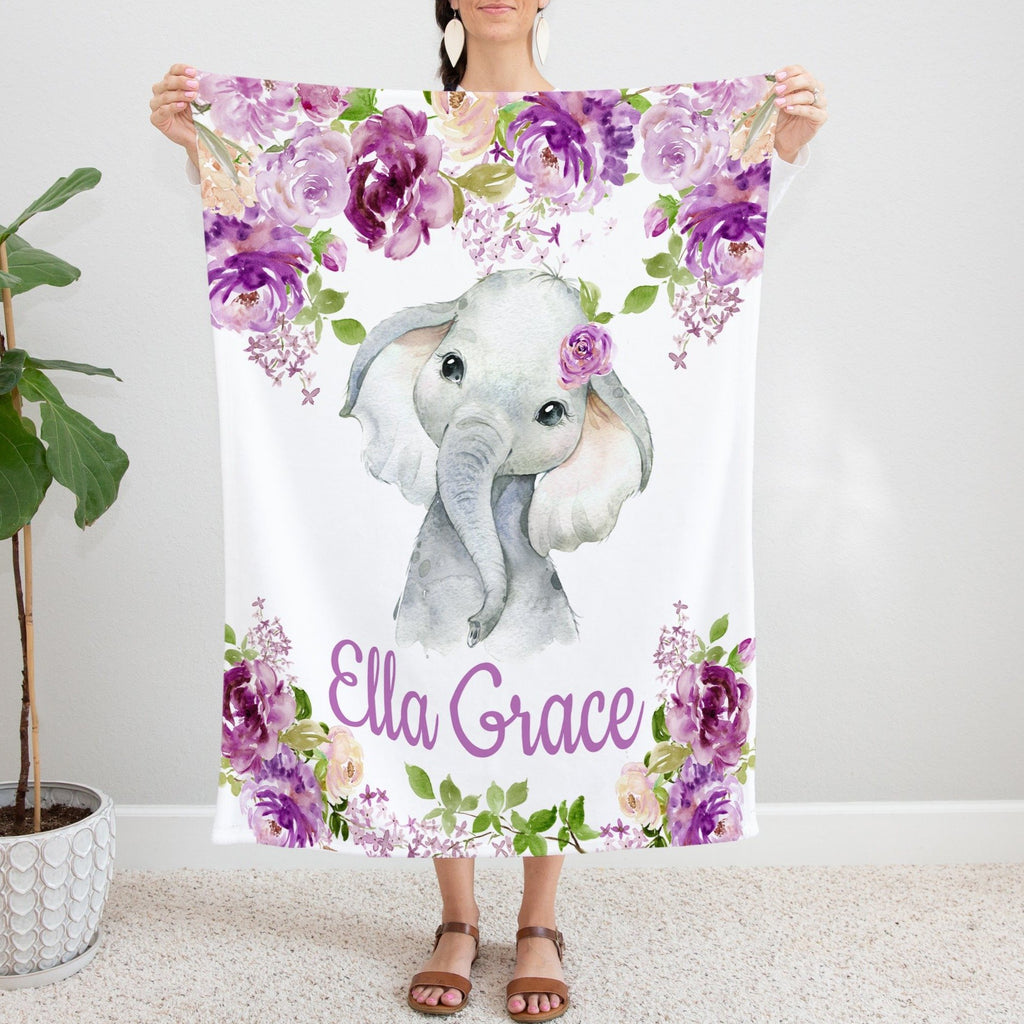Elephant Floral Name Blanket with Purple Lavender Lilac Flowers B1157