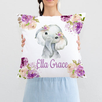 Elephant Floral Nursery Pillow with Lavender Lilac Purple Flowers P240