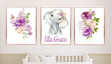 Elephant Floral Nursery Wall Art Watercolor Purple Lavender Lilac Flowers