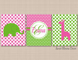 Elephant Giraffe Nursery Wall ArT Elephant Girl Bedroom Monogram Pink Green Animals Nursery Decor Polkadot Nursery C369-Sweet Blooms Decor