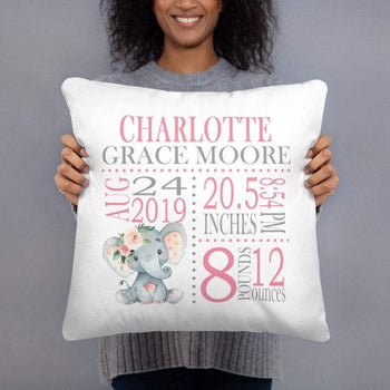 Elephant Girl Birth Announcement Pillow Floral Personalized Birth Stats Throw Pillow Baby Shower Gift Nursery Decor Bedding Pink Gray P181-Sweet Blooms Decor