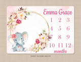 Elephant Girl Floral Milestone Blanket Watercolor Pink Blush Magenta Peach Personalized Newborn Baby Girl Roses Flowers Shower Gift B921