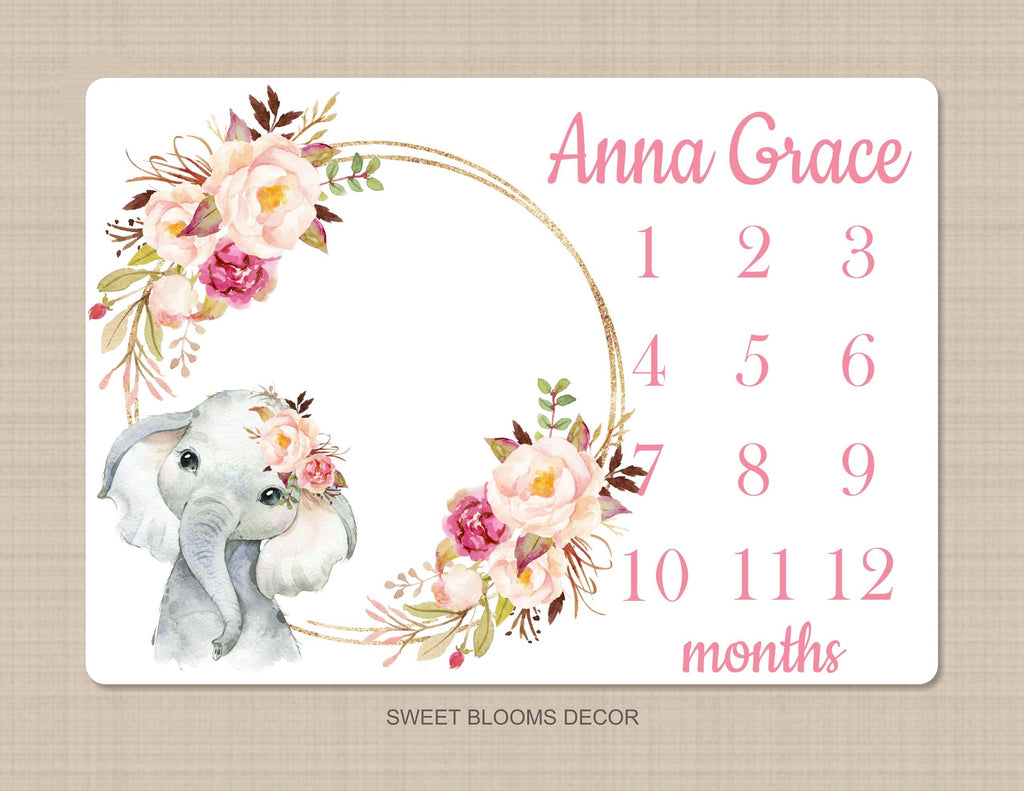 Elephant Girl Floral Milestone Blanket Watercolor Pink Blush Magenta Peach Personalized Newborn Baby Girl Roses Flowers Shower Gift B923