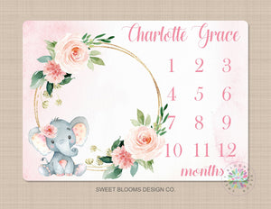 Elephant Girl Milestone Blanket Coral Pink Blush Floral Personalized Newborn Baby Girl Watercolor Wreath Flowers Baby Shower Gift B697