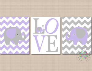 Elephant Girl Nursery Decor Wall Art Lavender Gray Chevron Love Baby Gilr Bedroom Decor Modern Baby Shower Gift C726-Sweet Blooms Decor