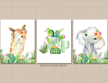 Elephant Llama Cactus Nursery Wall Art Watercolor Floral Succulent Flowers Girl Bedroom Decor C879-Sweet Blooms Decor