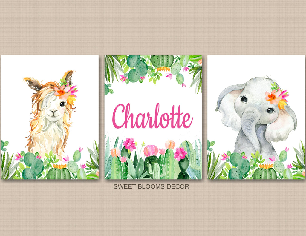 Elephant Llama Cactus Nursery Wall Art Watercolor Floral Succulent Flowers Girl Bedroom Name Monogram Decor C879
