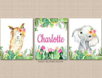 Elephant Llama Cactus Nursery Wall Art Watercolor Floral Succulent Flowers Girl Bedroom Name Monogram Decor C879-Sweet Blooms Decor