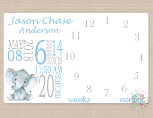 Elephant Milestone Blanket Baby Boy Blue Gray Monthly Growth Tracker Photo Prop Personalized Baby Shower Gift Birth Stats Navy B679-Sweet Blooms Decor