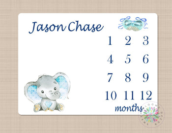 Elephant Milestone Blanket Baby Boy Booties Personalized Monthly Tracker Navy Blue Nursery Decor Booties Shower Gift Growth B457