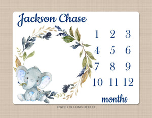 Elephant Milestone Blanket Baby Boy Leaves Blue Flowers Monthly Growth Tracker Personalized Nursery Decor Baby Shower Gift B1048