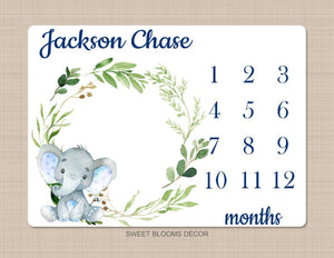 Elephant Milestone Blanket Baby Boy Monthly Growth Tracker Watercolor Personalized Wreath Animals Leaves Nursery Decor Baby Shower Gift B830