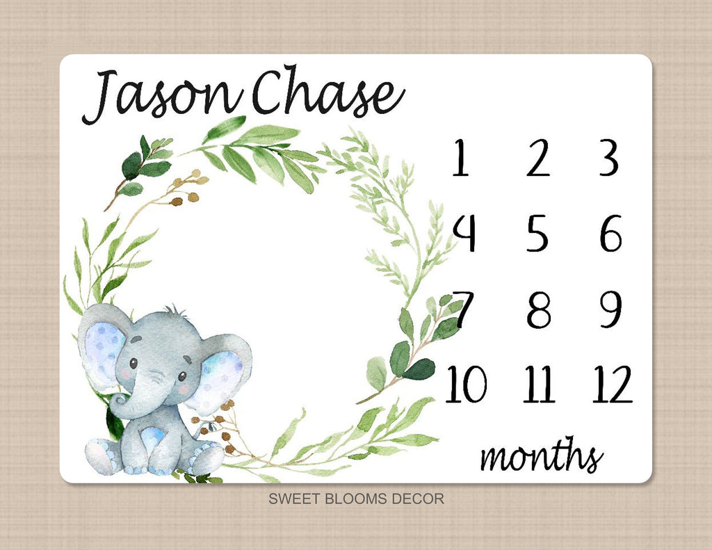 Elephant Milestone Blanket Baby Boy Monthly Growth Tracker Watercolor Personalized Wreath Animals Leaves Nursery Decor Baby Shower Gift B832
