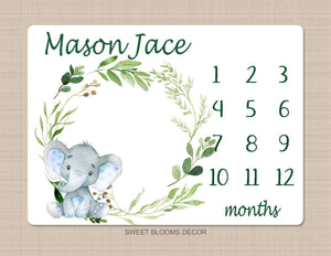 Elephant Milestone Blanket Baby Boy Monthly Growth Tracker Watercolor Personalized Wreath Animals Leaves Nursery Decor Baby Shower Gift B833
