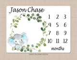 Elephant Milestone Blanket Baby Boy Monthly Growth Tracker Watercolor Personalized Wreath Animals Leaves Nursery Decor Baby Shower Gift B834