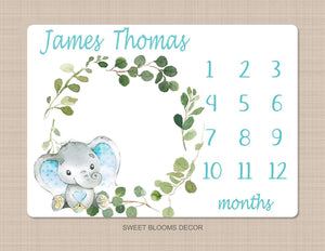 Elephant Milestone Blanket Baby Boy Monthly Growth Tracker Watercolor Personalized Wreath Animals Leaves Nursery Decor Baby Shower Gift B835