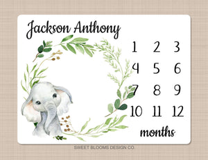 Elephant Milestone Blanket Baby Boy Monthly Growth Tracker Watercolor Personalized Wreath Animals Leaves Nursery Decor Baby Shower Gift B836