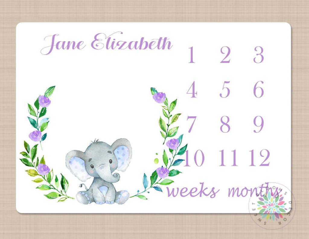 Elephant Milestone Blanket Baby Girl Purple Flowers Monthly Growth Tracker Watercolor Floral Wreath Nursery Decor Baby Shower Gift 298