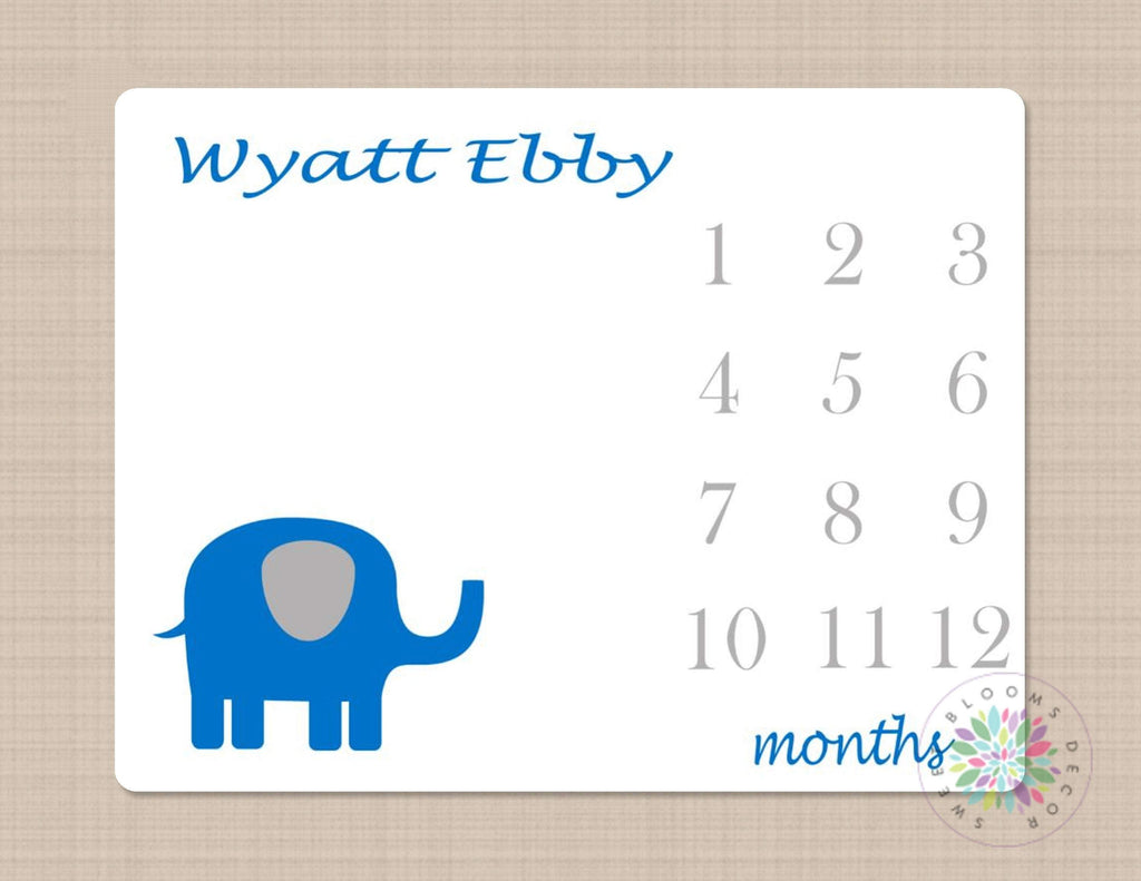 Elephant Milestone Blanket Boy Blue Gray Monthly Growth Tracker Personalized Monthly Tracking Boy  Nursery Decor Baby Shower Gift B339