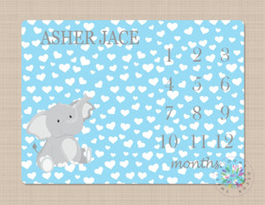 Elephant Milestone Blanket Boy Hearts Monthly Growth Tracker Blue Gray  Baby Boy Blanket Name Blanket Shower Gift Mongoram Bedding B289