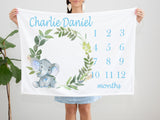 Elephant Milestone Blanket Boy Personalized Blanket Monthly Blanket Blue Gray Nursery Bedding Safari Animals Baby Shower Gift B1212