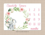Elephant Milestone Blanket Floral Wreath Coral Pink Blush Floral Personalized Newborn Baby Girl Watercolor Flowers Baby Shower Gift B846