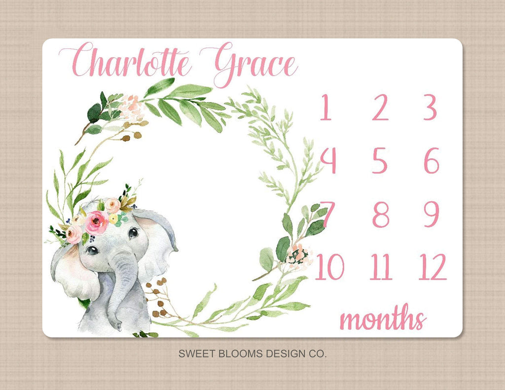 Elephant Milestone Blanket Floral Wreath Coral Pink Blush Floral Personalized Newborn Baby Girl Watercolor Flowers Baby Shower Gift B847