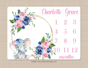 Elephant Milestone Blanket Girl Elephant Floral Wreath Navy Blue Pink Floral Personalized Newborn Baby Girl Watercolor Roses Flowers B827