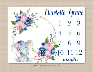 Elephant Milestone Blanket Girl Elephant Floral Wreath Navy Blue Pink Floral Personalized Newborn Baby Girl Watercolor Roses Flowers B828