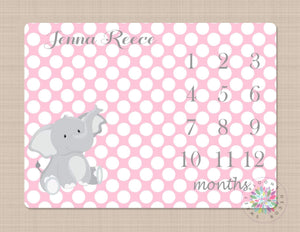 Elephant Milestone Blanket Girl Pink Gray Monthly Growth Tracker Polkadots Elephant Baby Boy Blanket Name  Shower Gift Mongoram Bedding B290