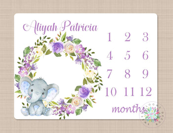 Elephant Milestone Blanket Girl Purple Floral Wreath Elephant Monthly Growth Tracker Newborn Girl Name Blanket Flowers Baby Shower Gift B330-Sweet Blooms Decor