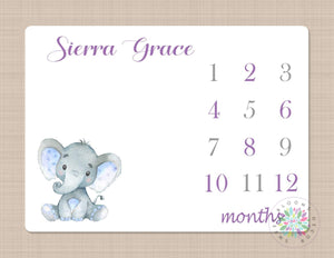 Elephant Milestone Blanket Girl Purple Gray Watercolor Personalized Monthly Tracking Elephants Nursery Decor Baby Shower Gift Growth  B361