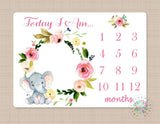 Elephant Milestone Blanket Monthly Blanket Today I am Newborn Baby Girl Blanket Watercolor Floral Wreath Flowers Baby Shower Gift B477