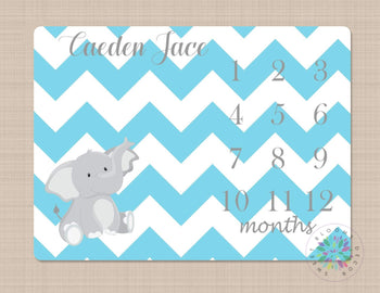 Elephant Milestone Blanket Monthly Growth Tracker Blue Gray Chevron Elephant Perosnalized Baby Boy Blanket Name Nursery Decor Bedding B179