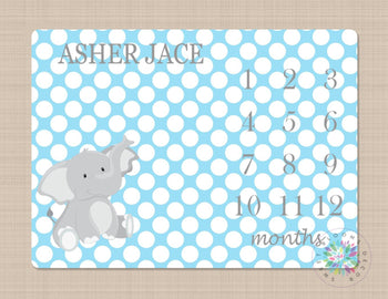 Elephant Milestone Blanket Monthly Growth Tracker Blue Gray Polkadots Elephant Baby Boy Blanket Name Blanket Shower Gift Bedding B288