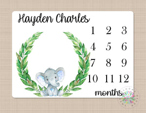 Elephant Milestone Blanket Monthly Growth Tracker Elephant Monthly Baby Blanket Watercolor Wreath Name Boy Elephants Nursery Decor Gift B640